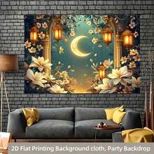 2D Flat Polyester Ramadan Banner 1pc Enchanting Crescent - Moon Night With Floral And Lanterns Eid Al-Fitr Photo Props And Supplies, Suitable For Muslim Ramadan And Eid Al-Adha Celebrations, Islamic-Themed Holiday Decorations - 1PCS - View 3