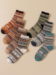 7 Pairs Retro Mid-Calf Socks, Warm And Fashionable Pattern Mid-Calf Socks For Autumn/Winter - Multicolor - View 4