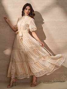 Elegant Bohemian Vintage A-Line Dress, Stand Collar Short Puff Sleeves, Layered Skirt Detail Design - Apricot - View 7