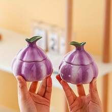 1pc Purple Garlic Ceramic Storage Jar - Tabletop Organizer Box With Lid, Decorative Kitchen & Dining Decor, Durable Ceramic For Home, Office, Or Gift, Perfect For Garlic, Spices, And Small Items, Garlic Storage, Romantic Theme Kitchen Storage Jars - Multicolor - View 7
