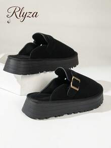 女士增高後空織來福鞋，厚底楔形跟，休閒時尚 - 黑色 - 查看 4