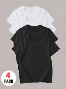 4pcs/Set Boys, Children & Teens' Solid White Crew Neck Short Sleeve T-Shirts, Summer Tops - Soft & Comfortable Solid Color Tees, Perfect For Warm Weather! Kids Clothing