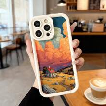 Cubierta de teléfono con borde negro diseño de paisaje al atardecer con casa en campo naranja y cielo dramático para uso diario en cafeterías y espacios interiores Aplicable a los teléfonos de la serie Apple y Galaxy - Negro - Ver 3