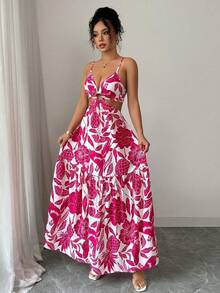 Women's Long Printed Dress With Side Cutouts And Front Ring, Elegant Look - Màu Hồng Tươi - Xem 1
