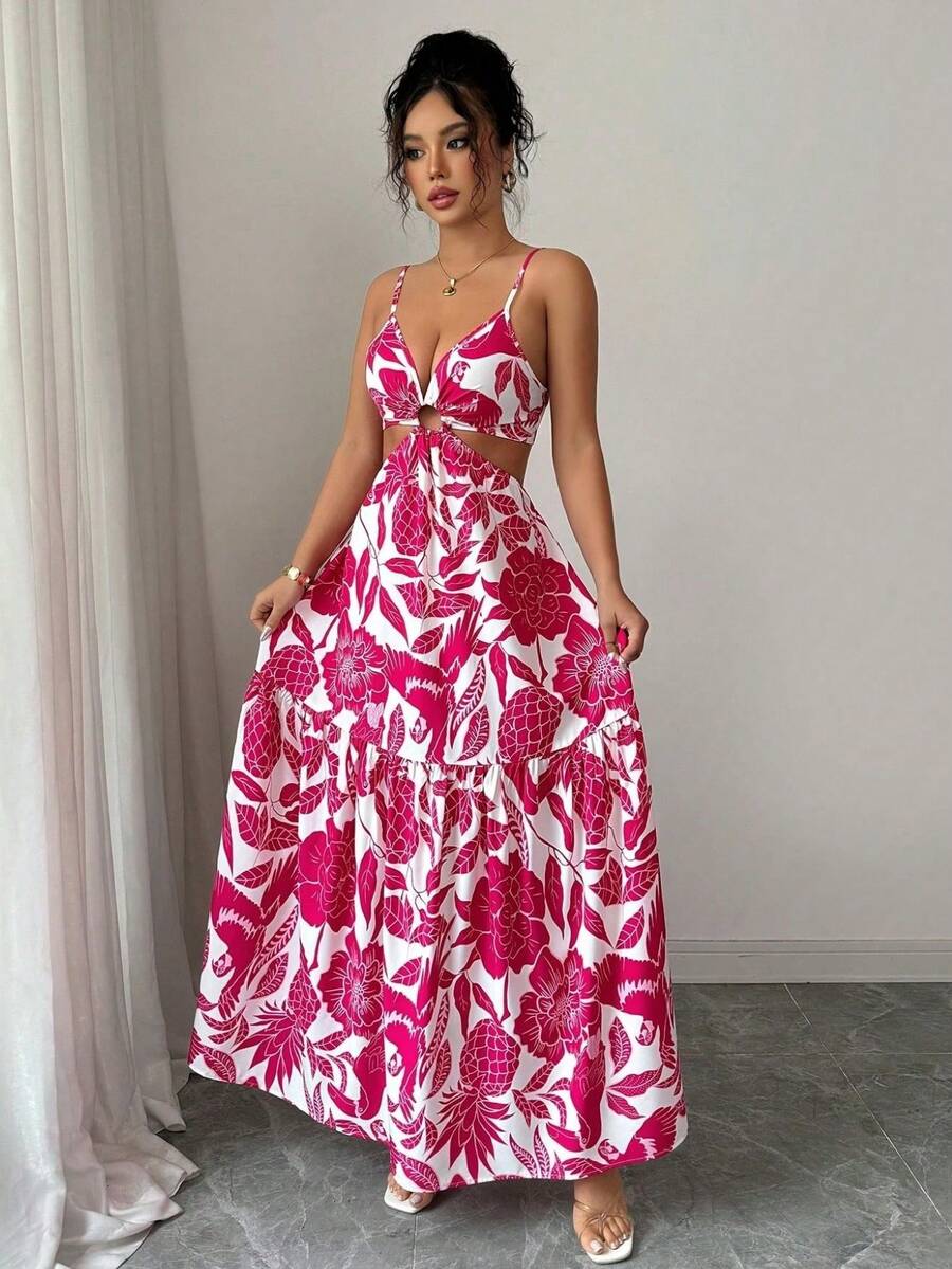 Women's Long Printed Dress With Side Cutouts And Front Ring, Elegant Look - Màu Hồng Tươi - Xem 1
