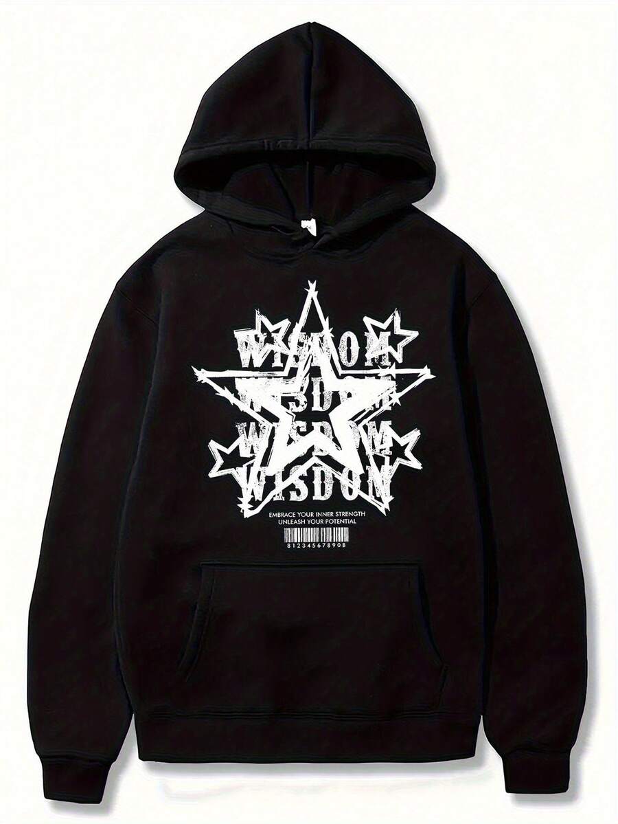 Men's Black Hoodie With White & WEST Print - Warm Winter Pullover, Casual Kangaroo Pocket Sweatshirt, Regular Fit Long Sleeve Hooded Sweater Fall/Winter, Everyday Comfort Apparel (Polyester Blend) IFPS - Black - View 1