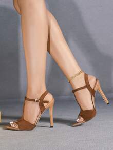 Jin Bei Qi 女士尖头高跟鞋，纯色漆皮和仿麂皮材质，T字带交叉踝带搭扣露趾户外派对细高跟鞋，优雅时尚高跟鞋，适合所有季节，浪漫派对宴会杏色浅口鞋，春夏装扮 - 杏色 - 查看 6