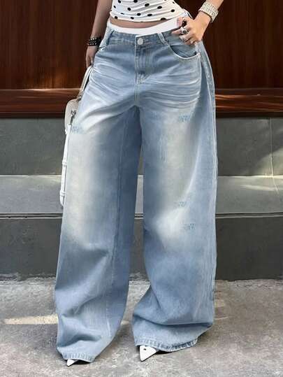 Washed Light Blue Distressed Jeans For Women, Casual Loose Straight Leg Baggy Pants With Ripped Hem