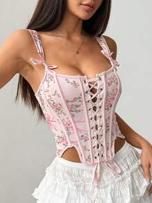 Indie Floral Print Criss-Cross Lace-Up Bowknot Corset Crop Top - Pink - View 4