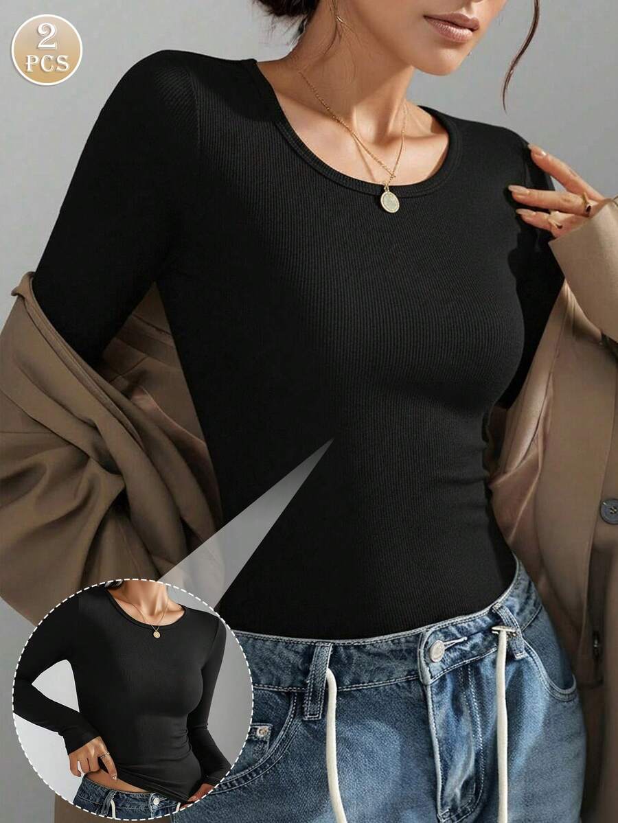2 piezas Camiseta de manga larga de punto acanalado de unicolor para mujer, tops casuales ajustados cómodos en negro y blanco para otoño/invierno - Multicolor - Ver 1