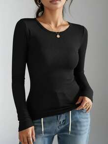 2 piezas Camiseta de manga larga de punto acanalado de unicolor para mujer, tops casuales ajustados cómodos en negro y blanco para otoño/invierno - Multicolor - Ver 3