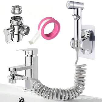 (Juego de 5 piezas) Pistola de pulverización + Divisor individual + Manguera enrollada de 3 metros + Cinta de 3 metros + Soporte de ducha, Pistola de pulverización para descarga de inodoro, rociador de bidé, kit de ducha presurizada para limpieza del hogar y el baño