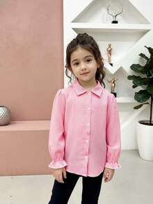 Blusa con maniche a sbuffo a righe rosa e bianche per ragazze, stile dolce e minimalista, carina - Rosa - Visualizzare 1