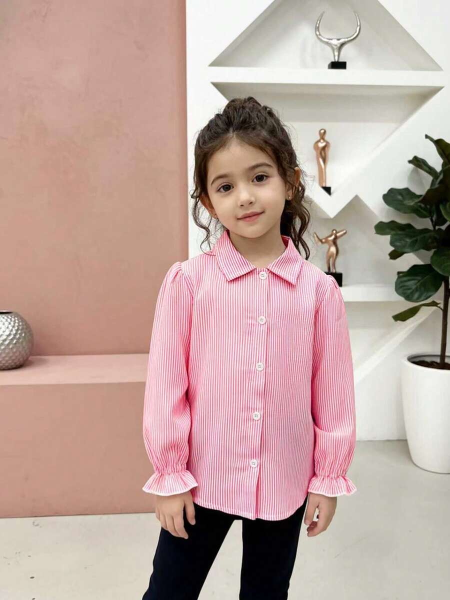 Blusa con maniche a sbuffo a righe rosa e bianche per ragazze, stile dolce e minimalista, carina - Rosa - Visualizzare 1