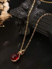 1pc Stainless Steel Chinese Style Gourd & Red Moneybag Pendant Necklace, 18K Gold Plated With Red Agate, Suitable For Daily Wear - 紅色 - 查看 5