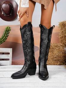 New Plus Size Women's Embroidered Totem Knight Boots, Thick Heel Round Toe High Shaft Boots, Fashion Versatile Autumn/Winter European And American Style - Black - View 6
