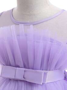Girls' Elegant Bowknot Tulle Trailing Puff Dress, Suitable For Birthday Party, Banquet, Does Not Include Headband - 紫色 - 查看 7