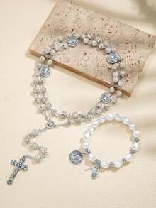 2件套优雅十字架吊坠串珠项链和手链套装，适合女性日常佩戴、参加派对、生日、节日礼物