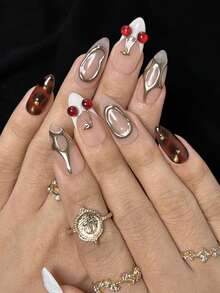 10pcs Almond Handmade Press-On Nails, White French Fingertips, Brown Hand-Painted Amber Pattern, 3D And Cherry Decoration, Elegant And Cute Handmade False Nails, Suitable For Girls And Women's Daily, New Year, Valentine's Day Nail Decoration - Multicolor - View 4
