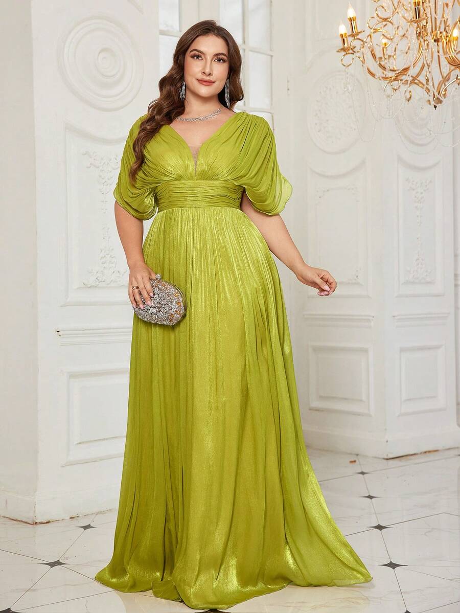 Đầm maxi dáng ôm cổ chữ V tay ngắn màu trơn chất liệu rayon dành cho nữ của UNITHORSE, thích hợp cho đám cưới, tiệc mùa xuân. - Màu xanh Ô liu - Xem 1