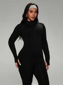 Office-To-Gym Convertible,Bust-Enhancing & Waist-Slimming, Low Neckline For Yoga,Thumbhole Cuffs,Professional Yet Sexy,Tummy Control Zip Front With Thumbholes,Bust-Contouring Darts,4-Way Stretch Fabric,Elegant Performance Jacket,Plus Size Friendly,Women's Stretch Zip-Up Yoga Jacket Black Spring - 黑色 - 查看 5