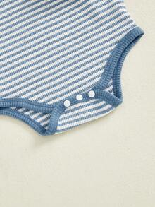 Conjuntos de 2 piezas para bebés varones, mono de rayas con cuello redondo y manga larga, pantalones con tirantes - Azul - Ver 6