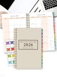 2026年学年周计划/月计划日历，1月至12月，A5简约月计划/每日计划笔记本，带联系人、月度标签、笔记栏和内袋，返校用品，办公桌配件，成人礼物，教师礼物，母亲节礼物 - 米色 - 查看 12