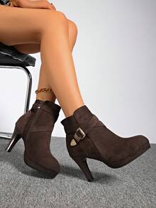 欧美新款秋冬细跟踝靴，侧拉链高跟短靴，时尚靴子，女士短靴，欧美细跟高跟鞋，冬季新款性感圆头靴，简约高跟女靴