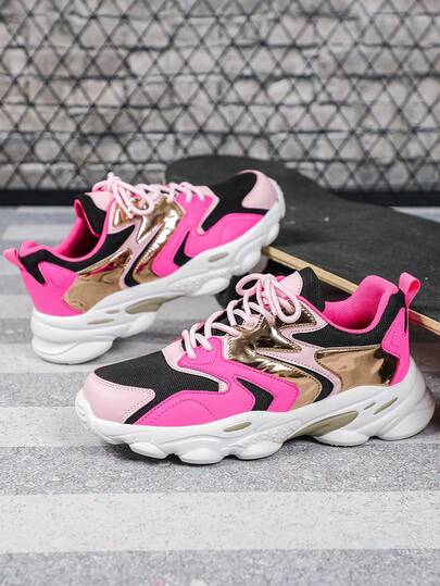 Fashionable Black & Pink Contrast Mesh Casual Sports Shoes For Men, Low-Top Lace-Up, EVA Thickened Shock-Absorbing Sole, Suitable For Outdoor Fitness & Running, Unisex, All Season, Design, Perfect Gift For New Year And Christmas