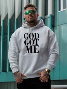 Men's Loungewear God Got Me Black Sweatshirt For Men With White Print "GOD GOT ME" - Fleece Lining, Casual Streetwear, Regular Fit Long Sleeve For Autumn Winter Spring, Lined Sweatshirt, Seasonal Fashion, Durable Fabric, Urban Style, Cozy Material, Printed Sweater, Streetwear Lovers, PLUS SIZE Loose And Comfortable - 黑色 - 查看 7