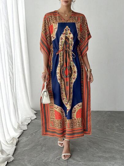 1. 女士V领印花连衣裙，宽松休闲款，袖口带抽绳，美丽度假风连衣裙，优雅阿拉伯女士派对、节日宴会礼服，女士连帽长袍