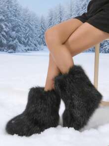 New Winter Style Black Faux Fur Ankle Boots. Made With Specially Selected Extra-Long Plush For A Fluffy And Stylish Look. The Matte Finish And Silky Touch Are Perfectly Blended. The Ankle-Length Design Precisely Flatters The Ankle Line, While The Rounded Toe Relieves Pressure On The Feet. The Densely Packed Plush Lining Provides Warmth, And The Slightly Wider Boot Shaft Accentuates The Slender Ankle Curve. Classic Black With Gold Accents. Suitable For Everyday Wear, Parties, And Dates. The Fluffy Plush Is Lightweight And Not Bulky, Creating A Y2K Millennial Chic Look. Dynamic Beauty With Every Step.