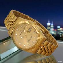 PROKING 1pc 40mm Men's Watch, Stainless Steel Case & Band, Gold Color, Luxury Quartz Watch, Business Water-Resistant Wristwatch, Fashion Calendar Diamond-Studded, Suitable For Daily Decoration, Holiday & Birthday Gift - Gold - View 9