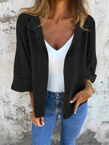 新款时尚纯色休闲开衫轻薄外套，适合日常、上学、度假、居家、旅行等场合。 - 黑色 - 查看 8