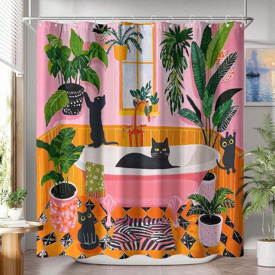 Rèm tắm hình mèo ngộ nghĩnh Fowocu, phong cách Bohemian, họa tiết mèo đen dễ thương, ngộ nghĩnh theo phong cách Matisse, họa tiết mèo con màu xanh lá cây, lá nhiệt đới, hồng, cam, vàng, vải chống thấm nước, có thể giặt máy, dễ lắp đặt, trang trí phòng tắm & phụ kiện, trang trí nhà cửa, thích hợp cho gia đình, khách sạn, kỳ nghỉ, quà tặng.