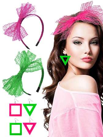 D EXCEED 4 Pcs 80's Lace Headband Acrylic Dangle Earrings For Women 80s Accessories For Retro 80s Clothing Christmas Theme Party
