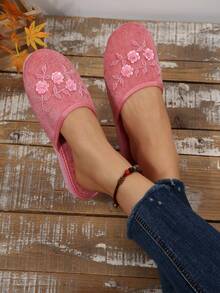 1 Pair Handmade Beaded Floral Retro Round Toe Slippers For Women, Comfortable Lightweight Indoor Slippers, Available In Black, Pink, And Multiple Colors, Plus Size - Watermelon Pink - View 8