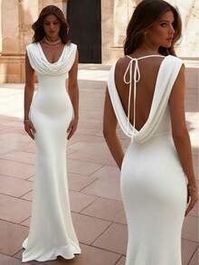 Basrey Đầm maxi đuôi cá màu trắng trơn thanh lịch, thắt eo, cổ chữ V, hở vai, thích hợp cho đám cưới, tiệc tùng và các dịp trang trọng mùa xuân. - trắng - Xem 4