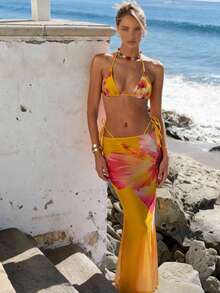 2-częściowy damski komplet bikini z kwiatowym nadrukiem, strój plażowy