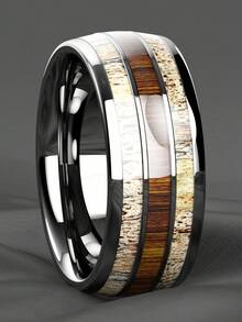 1pc Fashion Silver Color Men's Stainless Steel Rings Koa Wood Deer Antler Inlay Dome Engagement Rings For Men Women Wedding Jewelry - Multicolor - View 11