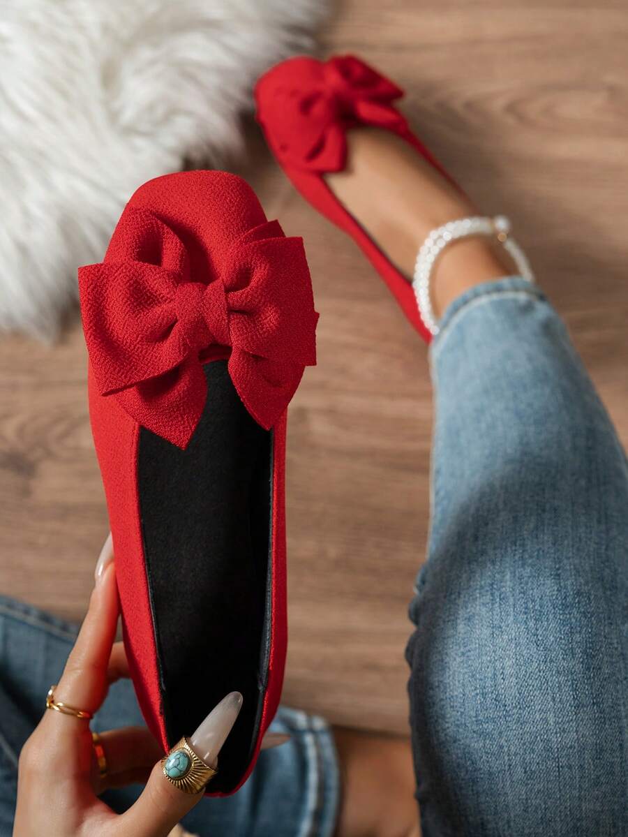 Women's Bow Decor Flat Loafers, Fashion Comfortable Breathable Slip-On, Gentle & Elegant Flat Shoes Suitable For Daily Commute,Ballet Flats - Red - View 1