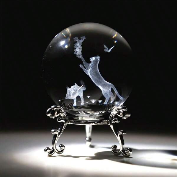 Cat Crystal Ball With Stand 60mm 3D Engraved Decorative Glass Sphere Paperweight(Clear)