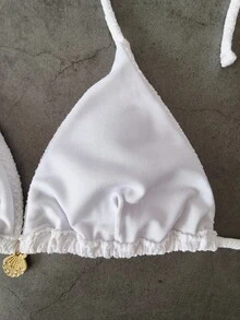 2026 New Solid Color Shell Bikini, Sexy Lace-Up Separates Swimwear Set For Women Vacation Beach White - White - View 4