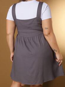 Plus Size Linen Short Dress With Button And Pocket, New Model. - Gris Oscuro - Ver 8