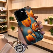 Cubierta de teléfono con diseño de tulipanes naranjas y escarabajo rojo color negro para mujer elegante uso diario en floristería Aplicable a los teléfonos de la serie Apple y Galaxy - Blanco - Ver 4