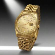 PROKING 1pc 40mm Men's Watch, Stainless Steel Case & Band, Gold Color, Luxury Quartz Watch, Business Water-Resistant Wristwatch, Fashion Calendar Diamond-Studded, Suitable For Daily Decoration, Holiday & Birthday Gift - Gold - View 6