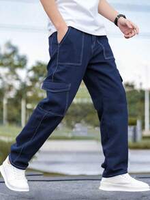 1pc Teen Boy Retro Casual Avant-Garde Minimalist Denim Effect Pocket Cargo Pants, Suitable For Spring, Summer, Autumn & Winter - Blue - View 2
