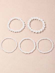 Set de 5 pulseras minimalistas con cuentas de perlas falsas, accesorio dulce y versátil para niñas - Blanco - Ver 3