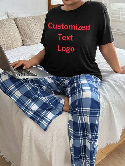 Customized Plus Size Women's Pajamas Short Sleeve T-Shirt Loungewear, Add Your Text, Choose Your Favorite Color And Font To Design Your Own Personalized Printed T-Shirt