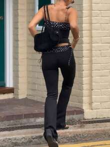 Damen Patchwork Polka Dot Träger Top und Schnürung Weite Hose Zwei-Teiler Set Lässig Streetwear Club Urlaub Kleidung Sommer - dunkelschwarz - Übersicht 4